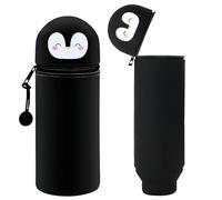 Kawaii Pencil Standing Pencil Case Penguin Silicone Pencil Case 2-in-1 School Pencil Case Made of Soft Suitable for Boys and Girls H 19.5 cm (Black)
