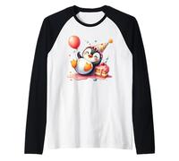 Kawaii Penguin Celebration Cake Balloon Design Raglan Baseball Tee