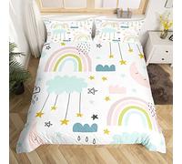 Kawaii Rainbow Bedding Set Cute Clouds Stars Rainbow Decor Duvet Cover For Kids Girls Boys Single Size Cartoon Moon Sky Starry Comforter Cover Hand Drawn Iridescent Print Quilt Cover 1 Pillow Cases