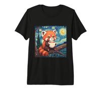 Kawaii Red Panda Holding a Cup Cute Starry Night Van Gogh Premium T-Shirt