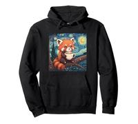 Kawaii Red Panda Holding a Cup Cute Starry Night Van Gogh Pullover Hoodie