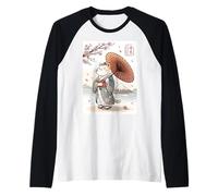 Kawaii Retro Japan Anime Cat Kimono Umbrella Sakura Japanese Raglan Baseball Tee