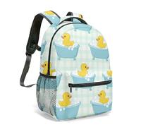Kawaii Rubber Ducky All-over Print 16 Inch Backpack, Cute Yellow Duck Bath Scene with Pink Bathtub & Foam Grid Design Daypack (02)