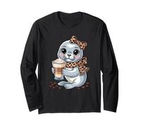 Kawaii Seal with Latte Cup Cute Coffee Lover Long Sleeve T-Shirt