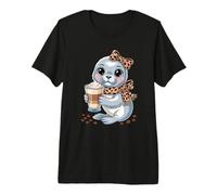 Kawaii Seal with Latte Cup Cute Coffee Lover Premium T-Shirt