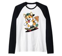Kawaii Skateboarding Corgi Dog with Pizza Raglan Baseball Tee