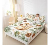 Kawaii Squirrel Fitted Sheet Double Size,Leaves Pinecone Bedding Set 3Pcs for Kids Teens Woman Room Decor,Animal Plant Print Bed Sheets Country Rustic Deep Pocket Sheets,No Flat Sheet