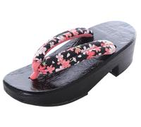Kawaii-Story K-G-61-13 Black Pink Flowers Natural Wood Black Japan Geta Sandals Tabi Kimono Geisha Toe Separator, black, 8 UK