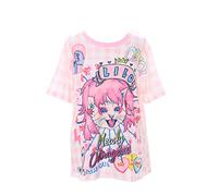 Kawaii-Story Rock 'n Roll Queen Cat Checked T-Shirt Pastel Goth Lolita Japan Harajuku, multicoloured, One Size