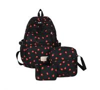 Kawaii Strawberry Backpack Set - 3-Piece Cute Student Backpack (L+M+S) with Pencil Case, Waterproof Nylon, Cherry Black Aesthetic - School Daypack & Mini Bags for Girls Teens