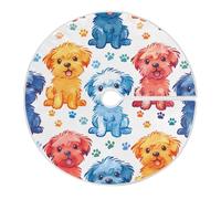 Kawaii Style Colorful Dog Cartoon Christmas Tree Skirt 48 inch Xmas Tree Skirts Mat for Holiday New Year Party Indoor Outdoor Home Office Decoration