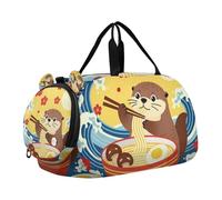 Kawaii-Style Otter Eating Ramen Wave Small Gym Bag with Shoes Compartment Lightweight Kids Overnight Bag for Travel, Sports, Duffel, Weekender