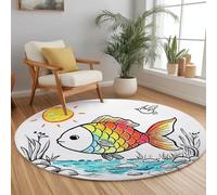 Kawaii Style Round Area Rugs 120 cm Hand-Drawn Rainbow Fish Soft Fluffy Carpet Mat, Circle Area Rug Non Slip Washable Doormat Bedside Carpet for Living Room Bedroom Kitchen Floor Mat