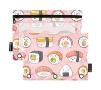 Kawaii Sushi Roll Sashimi Pencil Pouch for 3 Ring Binder, Three Hole Pencil Case for Binder Bulk Pencil Bag with Clear Window and Zipper for Office School College, 2 Pack