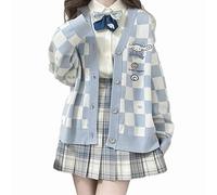 Kawaii Sweater Anime Plaid Cardigan Sweaters Cardigan for Women Cosplay Costume V Neck Long Sleeve, Blue, Small