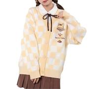 Kawaii Sweater Anime Plaid Cardigan Sweaters Cardigan for Women Cosplay Costume V Neck Long Sleeve, Yellow, M