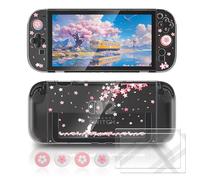 Kawaii Switch 2 Case - Dockable Clear Protective Cover with Cherry Blossom & Cat Design, Tempered Glass Screen Protector & Thumb Grips for Switch 2 Gamers