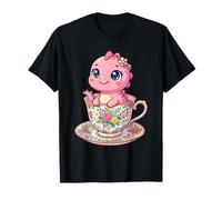 Kawaii Tea Rex Dinosaur in Floral Teacup Rose Petal Tea T-Shirt