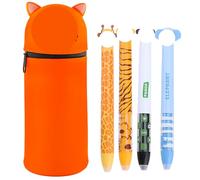 Kawaii Tiger Pencil Case, 2-in-1 Silicone Pencil Case, with 4 x Erasable Gel Pens, Stand Up Pencil Case, Erasable Gel Pens, for School, Office Supplies, Gifts for Boys and Girls