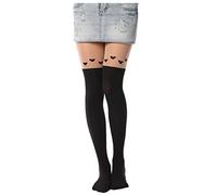 Kawaii Tights Cat Stockings Pantyhose Cartoon Bunny Socks Women Girls Cute Animal Mock Knee Nude High Thigh Tattoo Patterned Hosiery Leggings 1 Pack - Black - One Size