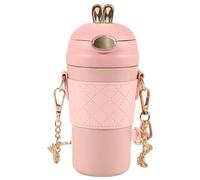Kawaii Water Bottle 420ml/14oz Cute Stainless Steel Insulated Rabbit Water Bottle with Strap & Leather Cup Sleeve Leak-Proof Portable Food Grade for Women Girls, Style-2