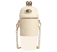 Kawaii Water Bottle 420ml/14oz Cute Stainless Steel Insulated Rabbit Water Bottle with Strap & Leather Cup Sleeve Leak-Proof Portable Food Grade for Women Girls, White