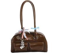 Kawaii Women's Bow Coquette Purse PU Leather Retro Boston Handbag pastel goth handbag(Brown)