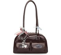 Kawaii Women's Bow Coquette Purse PU Leather Retro Boston Handbag pastel goth handbag(Coffee)