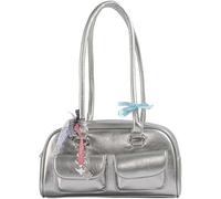 Kawaii Women's Bow Coquette Purse PU Leather Retro Boston Handbag pastel goth handbag(Silvery)