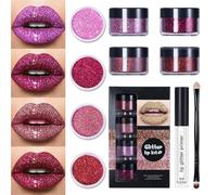 KawaiiKisses Glitter Lip Kit - 4 Colors Glitter Lip Kit Gloss, Shiny Diamond and Metallic Lip Glitter Makeup, Include Lip Primer and Brush (Red Series)