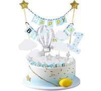 Kawailay 1st Boy Birthday Cake Topper Set - Glitter Happy Birthday Banner Flag with Hot Air Balloon Clouds Stars for Baby Shower Boy's Party Supplies - Blue