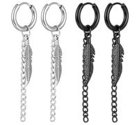 Kawailay 2 Pairs Feather Huggie Hoop Earrings Gothic Feather Earrings Studs Punk Rock Hip Hop Dangle Drop Earrings for Men Women - Silver and Black Style 3
