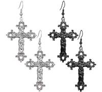 Kawailay 2 Pairs Gothic Cross Earrings Vintage Cross Dangle Earrings Rock Hip Hop Punk Cross Drop Earrings for Women - Silver and Black Style 2