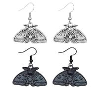 Kawailay 2 Pairs Gothic Moth Earrings Vintage Luna Moth Dangle Earrings Punk Rock Hip Hop Moth Drop Earrings for Women - Silver and Black