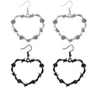 Kawailay 2 Pairs Gothic Rose Thorned Heart Earrings Vintage Barbed Wire Heart Dangle Earrings Punk Rock Hip Hop Skull Drop Earrings for Women - Silver and Black