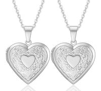 Kawailay 2 Pcs Heart Locket Necklace that Holds Pictures Stainless Steel Heart Shaped Locket Pendant Necklace Love Heart Image Chain Necklaces for Women - Style 1
