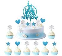 Kawailay 31 Pcs Frozen Cake Toppers Glitter Castle Birthday Cake Topper Princess Prince Cake Toppers with Snowflakes Heart Star for Kids Girls Boys Birthday Christmas Party Blue