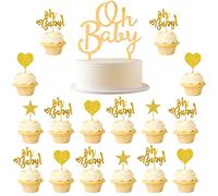 Kawailay 33 Pcs Gold Acrylic Oh Baby Cake Topper & Cupcake Picks with Heart & Star Designs for Baby Shower & Birthday Parties