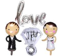 Kawailay 4 Pcs Giant Bride Groom Foil Balloons Bridal Shower Balloons Marriage Decoration Balloon Love Letter Diamond Ring Mylar Foil Balloons for Wedding Engagement Anniversary Party Decor- Silver