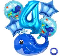 Kawailay 4th Whale Birthday Party Balloons Whale Balloons for 4th Birthday Decoration Jumbo Whale Foil Balloon Blue Number 4 Helium Balloon for Boys Birthday Party