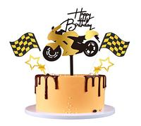 Kawailay 5 PCS Acrylic Motorcycle Cake Topper Kit with Star Banner Scooter Happy Birthday Cake Topper Picks Motorcycle Racing Sport Theme Cake Decor for Men Boys - Gold