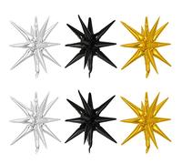 Kawailay 6 Pcs 22 Inch Explosion Star Foil Balloons - 12 Point Starburst Cone Mylar Balloons for Dance Wedding Anniversary Graduation Baby Shower Birthday Party - Gold Silver Black