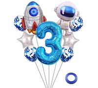 Kawailay Astronaut Rocket 3rd Birthday Party Balloons Jumbo Spaceman Birthday Balloons Outer Space Theme Foil Balloons 32 Inch Blue Number 3 Helium Balloon for Kids Birthday Party