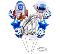 Kawailay Astronaut Rocket 4th Birthday Party Balloons Jumbo Spaceman Birthday Balloons Outer Space Theme Foil Balloons 32 Inch Silver Number 4 Helium Balloon for Kids Birthday Party