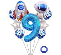 Kawailay Astronaut Rocket 9nd Birthday Party Balloons Jumbo Spaceman Birthday Balloons Outer Space Theme Foil Balloons 32 Inch Blue Number 9 Helium Balloon for Kids Birthday Party