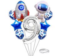 Kawailay Astronaut Rocket 9th Birthday Party Balloons Jumbo Spaceman Birthday Balloons Outer Space Theme Foil Balloons 32 Inch Silver Number 9 Helium Balloon for Birthday Party