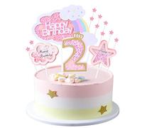 Kawailay Baby Girl 2nd Birthday Cake Decoration Set - Second Birthday Cake Topper with Rainbow Clouds Stars Cake Picks for Girls - Pink