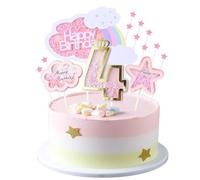 Kawailay Girl 4th Birthday Cake Decoration Set With Rainbow Clouds Stars Cake Picks - 4 Years Old Cake Topper for Girls Party Supplies - Pink