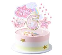 Kawailay Girl 6th Birthday Cake Decoration Set - 6th Birthday Cake Topper with Rainbow Clouds Stars Cake Picks - Pink