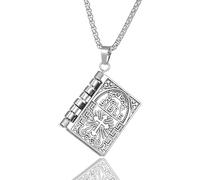 Kawailay Holy Bible Book Necklace Openable Bible Verse Pendant Necklace Biker Rock Hip Hop Punk Gothic Retro Prayer Scripture Necklace for Men Women - Silver